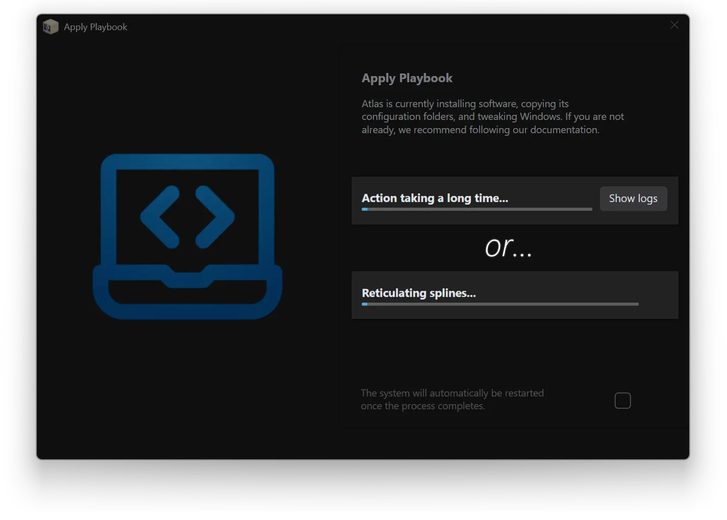 AME Wizard 'Apply Playbook' window demonstrating what 'Reticulating Splines' and 'Action taking a long time' looks like